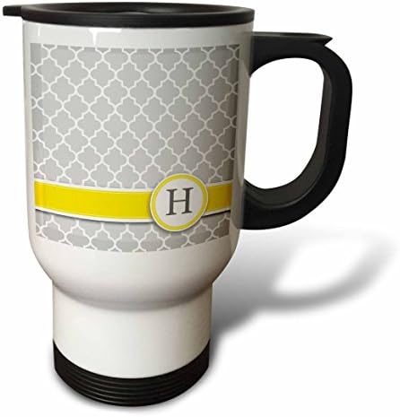 3dRose Чаша за пътуване Ваше име, Начална буква H, Сив Модел под формата на четырехлистника с монограм, Персонални Жълто-Сив, 14 грама, Многоцветен