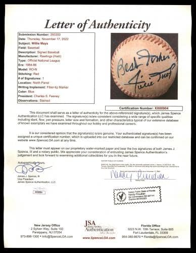 Официален представител на Фини НЛ Бейзбол на Сан Франциско Джайентс Уили Мейс с автограф с най-Добри пожелания Реколта подпис JSA #XX60904 - Бейзболни топки с автографи
