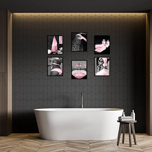 Модерен стенен декор за баня, Щампи, Комплект от 6 черно-бели, розови плакати върху платно с бляскав гланц, Снимки, Забавни стенни рисунки за баня, модерни, дамски щам