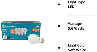 (Комплект от 4 теми) Заменяеми led EcoSmart LED A19 с регулируема яркост 40 W, бледо-бял (15 000 часа, 2700 До 5,6 W, Energy Star, E26)