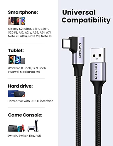 UGREEN C USB Кабел за бързо зареждане на 3.0, 5 Gbit/s USB A-C USB Кабел под прав ъгъл, найлонова оплетка на кабела Type C е съвместим с Galaxy S10/S10 +, LG V60/ V50/ V40 / G8/ G7/ G6 и т.н. 3,3 фута