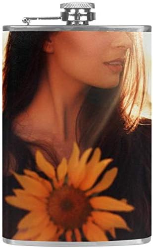 Фляжка за Алкохол от Неръждаема Стомана Запечатани с Фуния 7,7 унция в Кожа Джоба една Чудесна Идея за подарък Фляжка - Woman Hold Sunflower