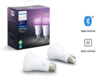 Philips Hue White и Color Ambiance 2-Комплектная led интелигентна лампа A19 и Smart Hub (съвместим с Алекса, Apple HomeKit и Google Assistant), Бяла Атмосфера, Hue Hub