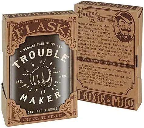 Фляжка Trouble Maker от неръждаема стомана с капацитет 8 унции за алкохол - предлага се в кутия за подарък - Фланец дизайн - Лесен за почистване - 3,75 X 5,75 - От Трикси & Milo