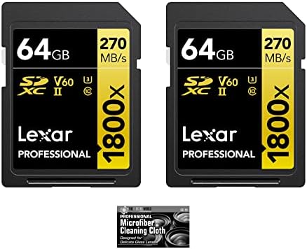 Карта памет Lexar 64GB Professional 1800x UHS-II SDXC (270 MB/s, златна серия, 2 опаковки) с кърпа от микрофибър