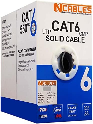 Номинален обем Cat6 23 AWG | Тествана от парсера Fluke | Кабел UTP Ethernet Син Бял Сив Черен (Сив) 1000 фута