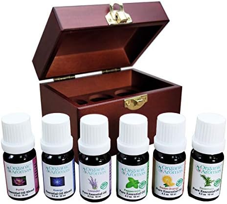 А пробовземното Избрани органични аромати Дървена кутия с Шест Чисти Етерични масла за Ароматерапия - Терапевтичен