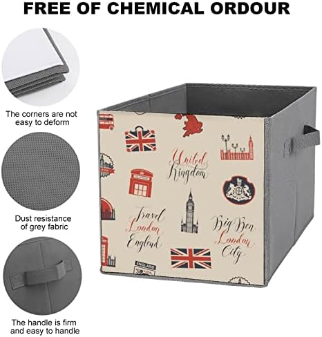 Тема на Великобритания и Лондон с Надписи Кубчета за съхранение с Дръжки Сгъваем Текстилен Кутии и Кошници за Организиране на Рафтовете на Шкафа