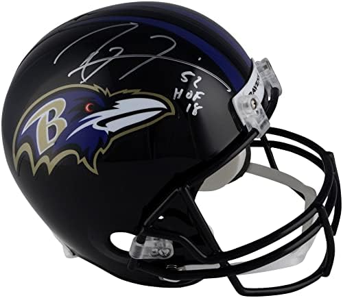 Точно копие шлем Рей Люис Балтимор Рейвънс с автограф Ридделла и надпис HOF 18 - Каски NFL с автограф