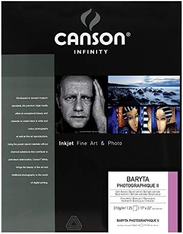 Хартия за мастилено-струен печат Canson Infinity Baryta Photographique II Чисто бяла, 310 гориво, Сатен, 17x22 инча, 25 Листа