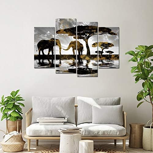 SkenoArt 4 Бр. Платно със Слон Стенно Изкуство Злато Черно Бяла Снимка, Диви Животни за домашни Любимци Дърво
