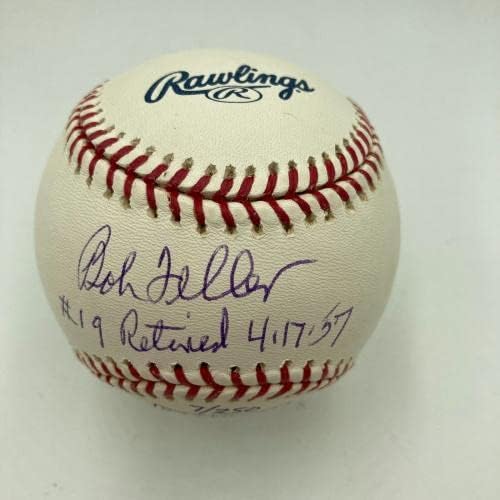 Боб Фелер #19 Отпадна 4-17-1957 Подписан В Залата на Славата на MLB Бейзбол JSA COA - Бейзболни топки с автографи