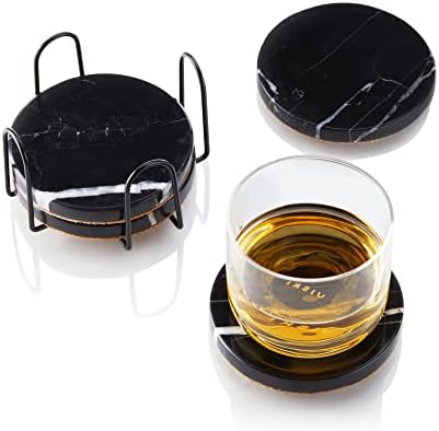 Подложки от черен мрамор Viski - Кръгли Черни поставки за напитки - От тежък камък с корк подложка и стойка