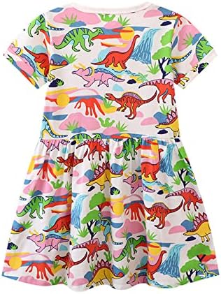 KAGAYD / Рокля за момиченце, 2023, Пролетно-Лятно Ново рокля с Къси ръкави за момичета, Детски Лятна рокля на Принцеса с принтом Динозавър (A, 7 години)