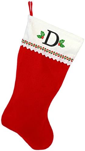 Първоначално Коледни чорапи с бродирани мен монограм, Червено-Бяло фетр, Инициал D