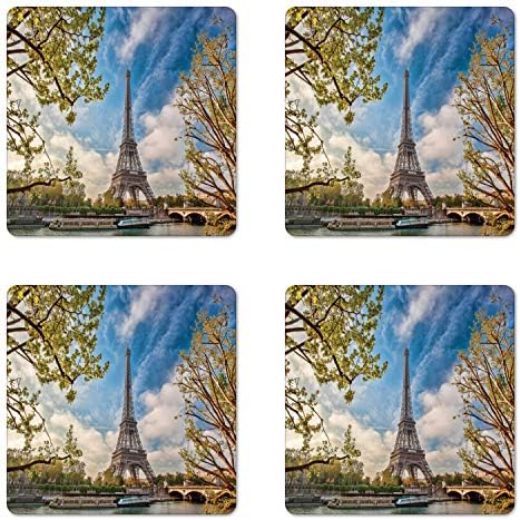 Комплект от 4 на каботажните Ambesonne Paris, Панорамна снимка на Айфеловата кула и Облаците на небето, Пролетта на Париж, Място за пътуване, Квадратни Гланц влакчета от ор?