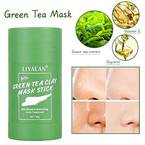 Маска за лице-стик от зелен чай LIYALAN и Розова маска-Стик (2 опаковки), За дълбоко почистване, Премахване
