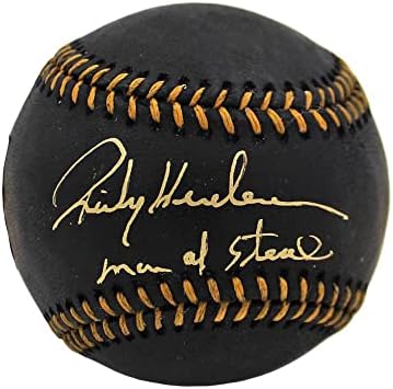 Рики Хендерсън подписа договор с Oakland Athletics Rawlings Official Major League Black MLB Бейзбол с надпис Man of Steel - Бейзболни топки с автографи