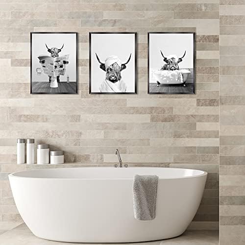 YLYYOO Забавно планинска крава стенно изкуство за баня, черно и бяло платно монтаж на стена арт Декор за баня