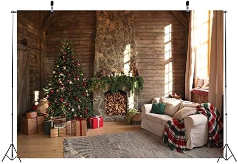 BELECO 10x8ft Тъканни Коледни Фонове, за Снимки, Селски Дървен Коледна Къща, Камина, Подаръци, Коледна елха,
