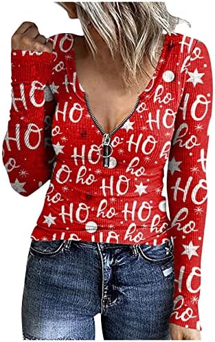 Жена Пуловер-Поло С U-образно деколте, Пуловер с цип С Принтом, Коледна Тениска с Дълъг ръкав, Сладки Пролетни