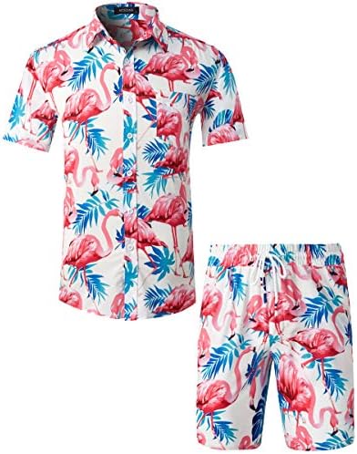 MCEDAR/ Мъжки Ежедневни Хавайски ризи с копчета и Къс ръкав, Костюми, Плажни Комплекти с цветен Модел, Комплекти