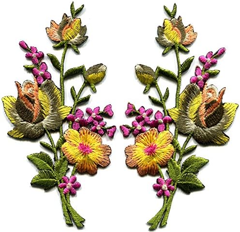 Жълто-Розови Рози Двойка Цветен Букет Цветя Избродирани Апликации В стил Бохо Железни Ивици S-984