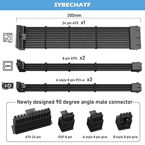 Комплект Удлинительных кабели за захранване SYBECHATF с адаптер под прав ъгъл от 90 Градуса, ATX / EPS / 8 Pin