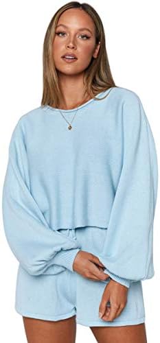 JNINTH/ Дамски Трикотажная облекло от 2 теми, Обикновен Пуловер, Пуловер с пищни ръкави, Съкратен Топ и къси