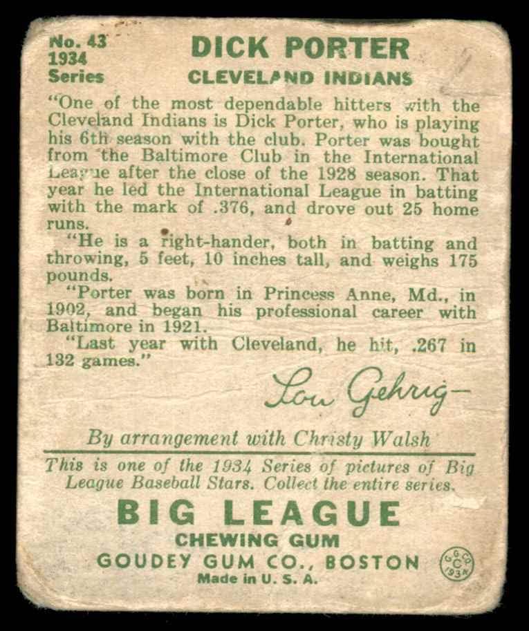 1934 Гуди 43 Дик Портър Кливланд Индианс (Бейзболна картичка) БЕДНИТЕ индианци