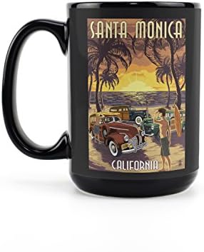 Фенер Press Санта Моника, Калифорния, Woodies and Sunset (Черна керамична чаша за кафе и чай по 15 унции, може
