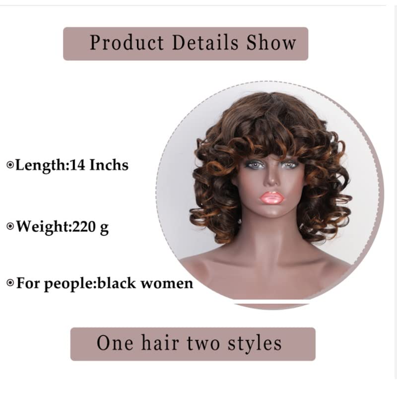 YFQHDD Кратък къдрава перука в стил афро с бретон, кестенява черна коса, синтетични перуки за черни жени