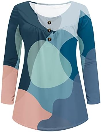 Дамски Ежедневни Блуза-Туника с дълъг ръкав и V-образно деколте, Шарени Тениски с цветен Блок, Риза Хенли копчета,