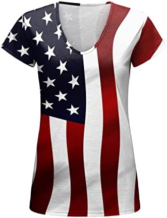 Ризи 4 юли, Дамски Ежедневни Лятна Тениска с Американския Флаг, Къс Ръкав, V-Образно деколте, Звезди, Райета,