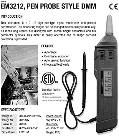 UOEIDOSB EM3212 Дръжка-Сонда Стил Цифров Мултицет Бесконтактное Измерване на ac/Dc Напрежение Мултицет Тестер Съпротива Постоянен работен ток