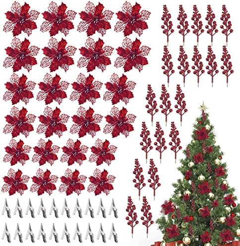 Комплект украси за Коледната елха, Червена Коледна Блестяща коледна звезда и Коледни Блестящи Плодове, Стъбла,