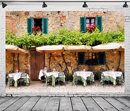 Плат BELECO 10x8 фута Италиански Тоскана Уличния Фон за кафе, Маси и Столове, Стари Каменни Къщи, Цветя По Прозорците,
