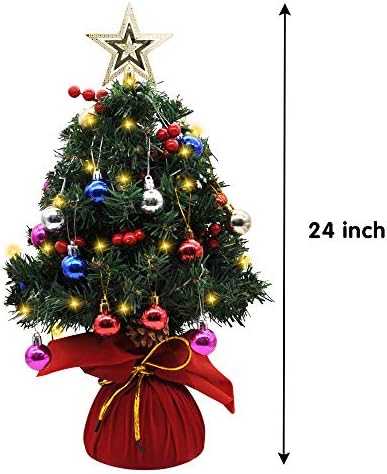 24Предварително Осветена от Настолна Коледно Дърво с Набор от Украса и Подарък Кутия, Мини Изкуствена Коледна Елха за Настолни Бижута