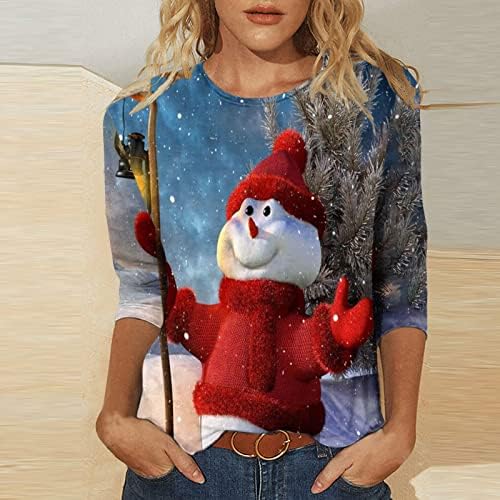 Коледни Блузи за Жени, Тениски с Изображение на Дядо Коледа и Снежен човек Туника с 3/4 ръкав, Модни Пуловери