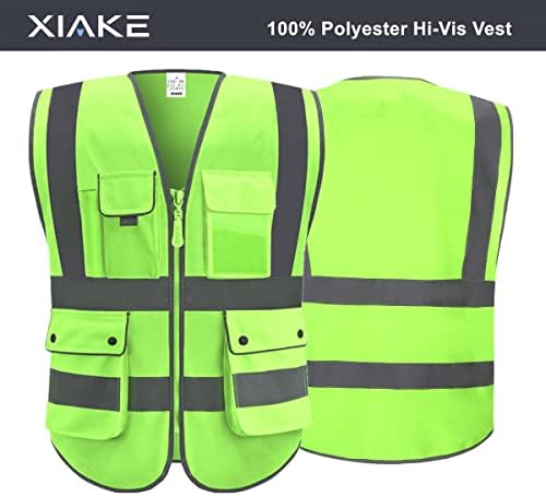 Светлоотразителни жилетки за сигурност XIAKE клас 2 повишена видимост с 8 джобове и цип отпред, отговарят на