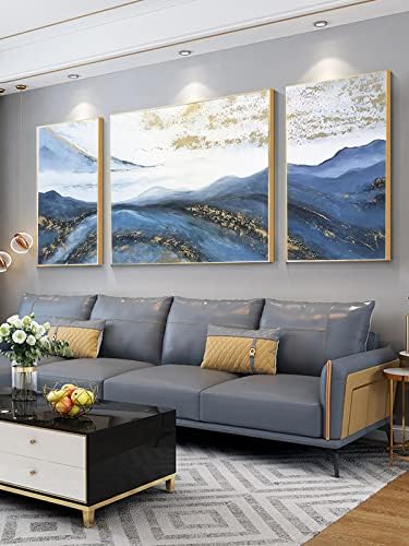 Златно и синьо Абстрактно Стенно изкуство за хола - Модерен интериор на Стъклена стена с принтом В рамката За