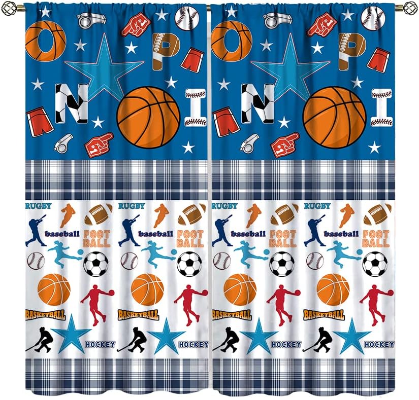Детски Баскетболни Пердета за Спалня момчета, Синьо Каре Спортни Завеси за игра на Футбол, Баскетбол, Ръгби