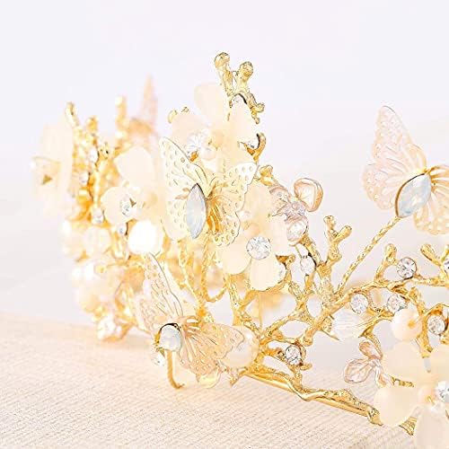Fairyu Златни Корони с Пеперуди и Диадеми Цвете от Кристал Краун на Булката Кралица Барок Диадеми Перла Прическа