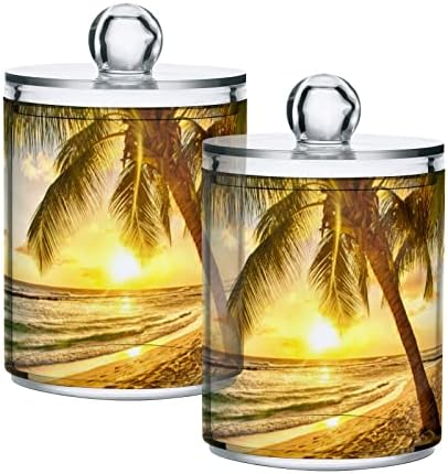 Sunset Palm Trees 2 Опаковки Титуляр за памучни тампони Органайзер Опаковка Пластмасови Контейнери За съхранение