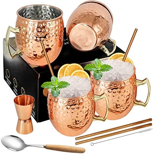 Moscow Mule Mugs Copper Mule Cup Kit 18 унции Комплект от 4 Големи Ковани Медни Чаши с дръжка, Двойна Дюза 0,5