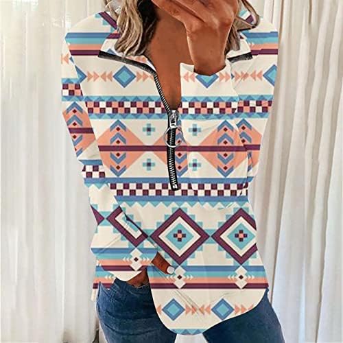 Ацтекские Блузи за Жени, Западна Етническа Реколта Тениска с Графичен Дизайн, Ежедневна Туника с Цип Дълъг Ръкав,