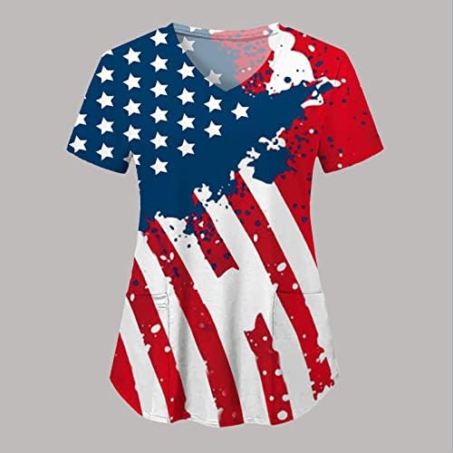 Ризи 4 Юли за Жени с Флага на САЩ, Лятна Тениска с Къс Ръкав и V-образно Деколте и 2 Джобове, Блуза, Топ, Празнична