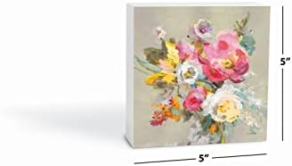 Windblown Blooms II Жълто-Сив, Начало декор Joyride, Табела от дърво, 5 x5, Отделно Стоящи, На рафт или на стената,